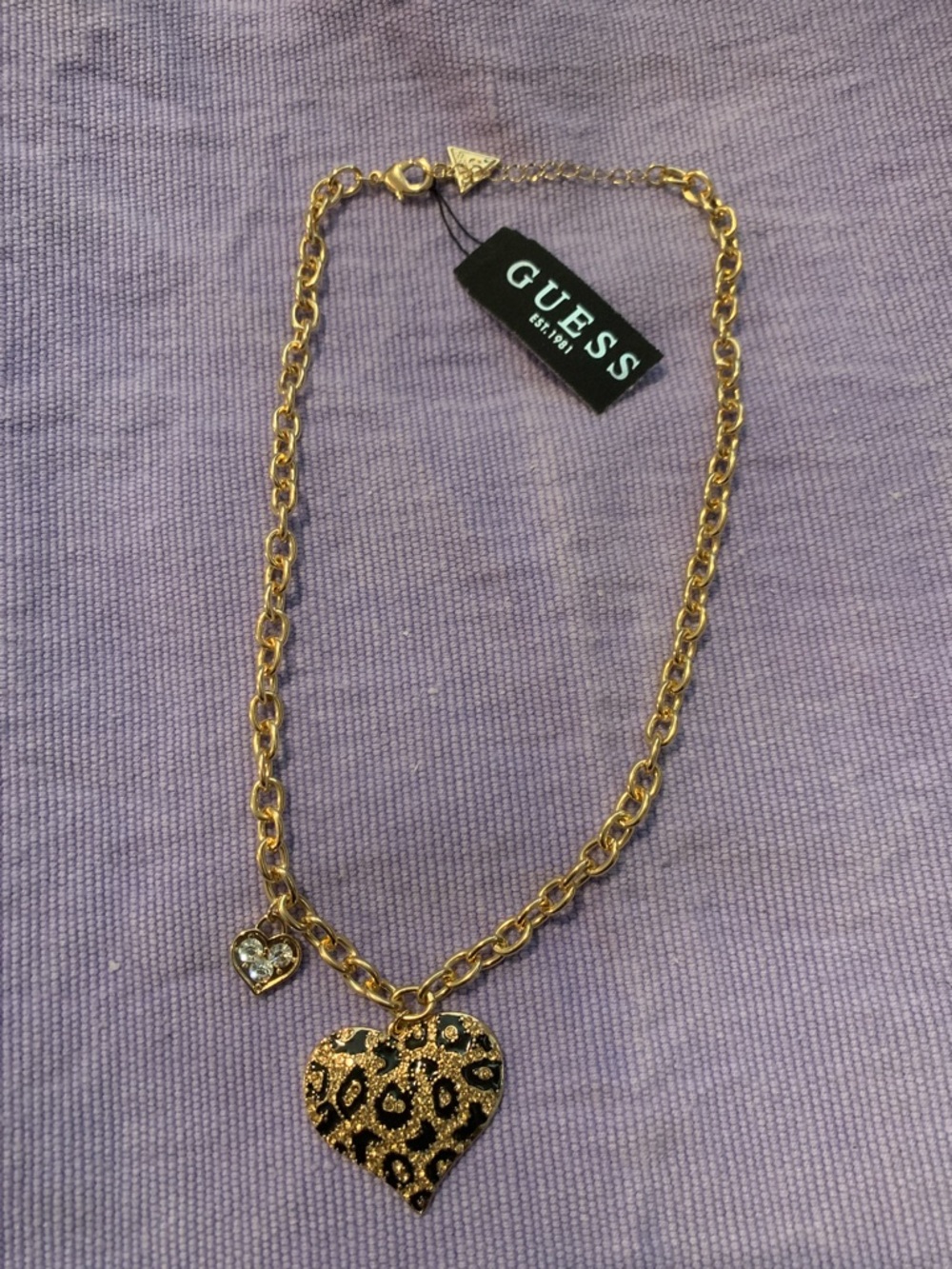 NWT GUESS Gold-Tone Heart Necklace with Black Leopard Print and Crystal Accent